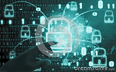 Abstract concept, fingers are touching padlock symbol, With protection of digital identity theft and privacy, Online database and Stock Photo