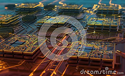 Abstract concept of nano processor and high-tech digital element. 3D illustration of a computer circuit and CPU Cartoon Illustration