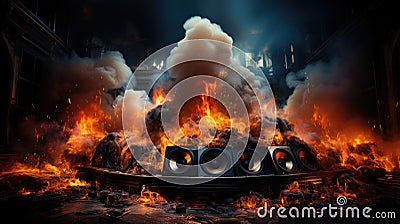 Abstract concept of powerful sound speakers throwing powder in blue neon light. Power music Stock Photo