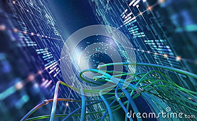 Abstract concept of quantum computer. Virtual database in cyberspace global network Cartoon Illustration