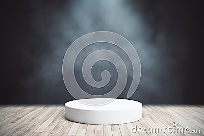 Abstract concept scene with white blank cylinder podium in the center of wooden floor at dark smoky background. Mockup. 3D Stock Photo