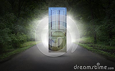 Surreal Door, Road, Highway, Spiritual Rebirth Stock Photo