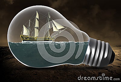 Tall Sailing Ship, Surreal Light Bulb, Water Stock Photo