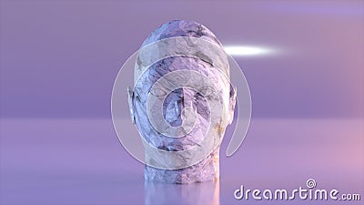 Abstract concept. The white marble stone turns into a sculpture with a human face. Lilac background Cartoon Illustration