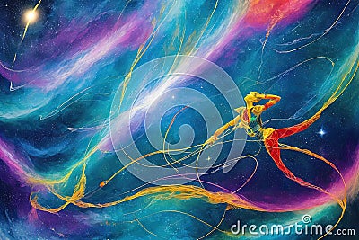 Abstract concept of zero gravity poetry where words and verses float freely in a cosmic dance illustration AI Generated Cartoon Illustration