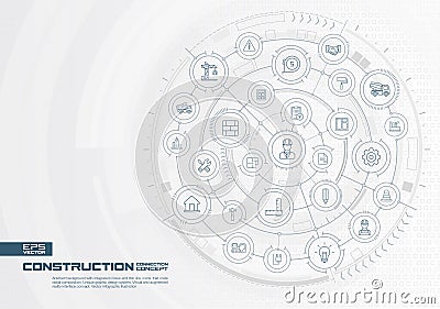 Abstract construction technology background. Digital connect system with integrated circles, thin line icons. Vector Illustration