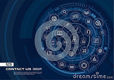 Abstract contact us, call center background. Digital connect system with integrated circles, glowing thin line icons. Vector Illustration