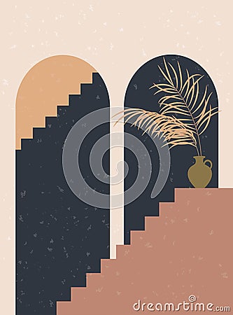 Abstract contemporary aesthetic background with arch, stairs, palm leaf Vector Illustration