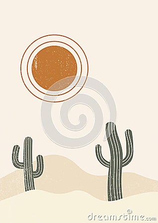 Abstract contemporary aesthetic desert landscape with texture. Boho wall decor. Mid Vector Illustration