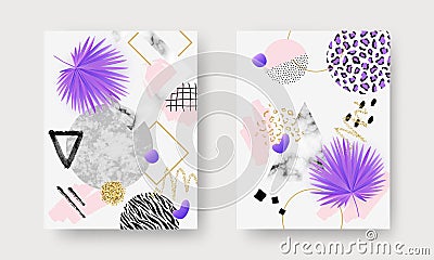 Abstract contemporary art posters with marble stones, doodle textures, geometric shapes, animal pattern, plants, dots Vector Illustration