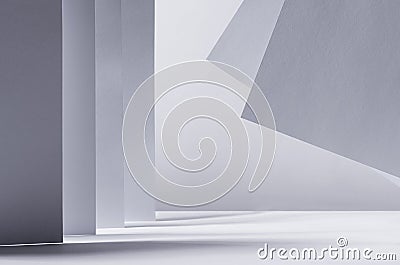 Abstract contemporary minimalistic geometric background of white grey perspective lines, light, shadow and asymmetry flying place. Stock Photo