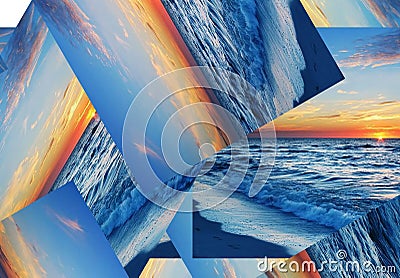 Abstract contemporary modern print with geometric shapes. Water sea environment nature sunset sunrise concept. Stock Photo