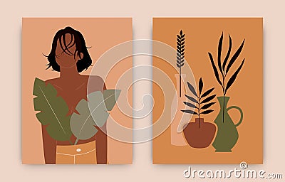 Abstract contemporary posters. Modern female art fashion woman silhouette pastel colors organic shape pottery. Vector illustration Vector Illustration