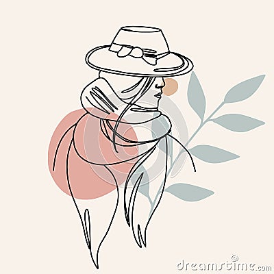 Abstract continuous line drawing. A girl in a hat with organic spapes detals. Vector Illustration