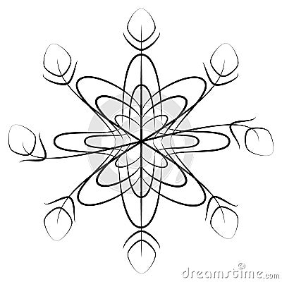 Abstract contour drawing of curved snowflakes with decorative elements. Line art. Isolate Vector Illustration