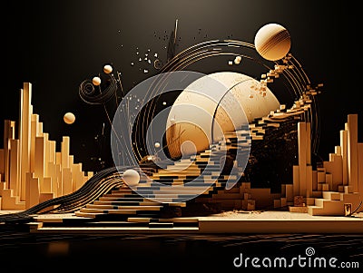Abstract contrast black and yellow scene with geometric shapes. 3D visualization AI Stock Photo