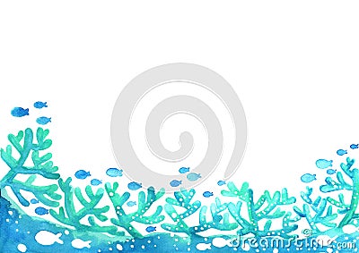 Abstract coral reef with school of fish under the sea watercolor. Stock Photo