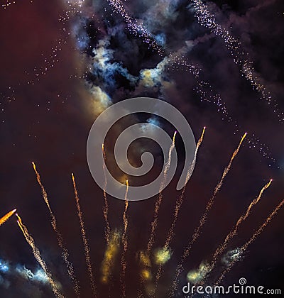 Abstract cosmic background. Tracing traces of fireworks, smoke and bright lights. Dark background Stock Photo