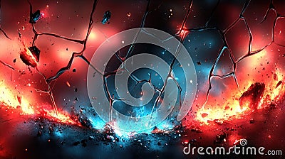 Abstract cosmic shatter: dynamic red and blue fractals exploding in space Stock Photo
