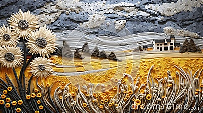 Abstract Countryside Landscape And Flower Paper Sculptures Stock Photo