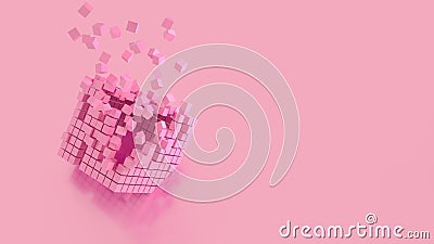 Abstract creative modern pastel pink 3D background a three-dimensional cube lying on its side and exploding small cube Cartoon Illustration