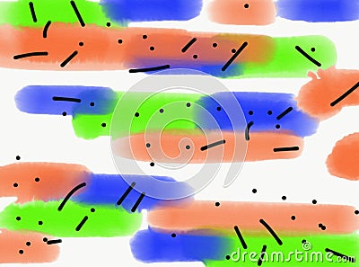 Abstract creative watercolor background with green, orange and blue brushstrokes Stock Photo