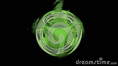 Abstract cube with flying particles inside. Design. Complex structure on a black background. Stock Photo