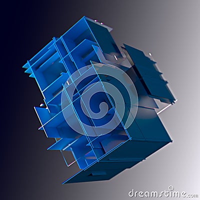 Abstract cube made of blue color plates on a gray background. 3d rendering. Innovative impressive technologies Stock Photo