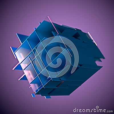 Abstract cube made of blue color plates on a purple background. 3d rendering. Innovative impressive technologies Stock Photo