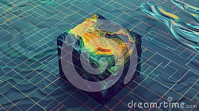 Abstract cube with vibrant liquid patterns on a digital grid background. This artistic image features modern and Stock Photo