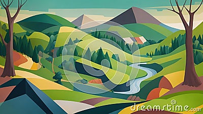 An abstract, Cubist landscape image showcasing a rolling countryside with trees, Stock Photo