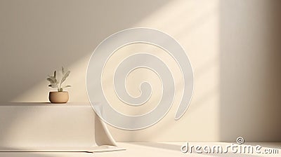 Abstract curtains interior design. Light empty beige podium background. Stock Photo