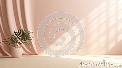 Abstract curtains interior design. Light pink podium background with Generative Ai. Stock Photo