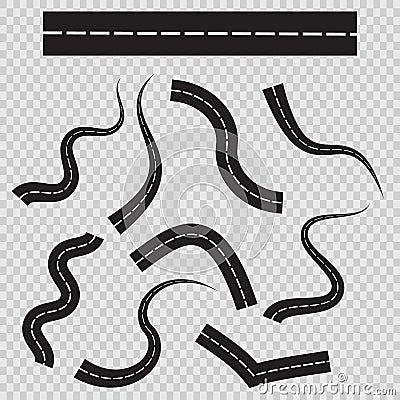 Abstract curved road asphalt, roads isolated on transparent background, winding road horizon, long road map turns. Black roadmap Stock Photo
