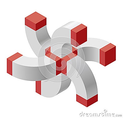 Abstract curved vector cross shape. Red isometric brand of scientific institution, research center, biological laboratories. Vector Illustration