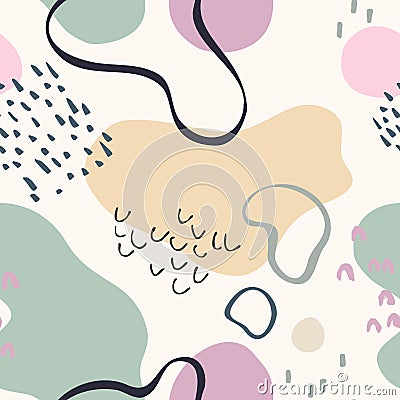 Abstract cute seamless pattern: organic geometric shapes, doodle textures in silhouettes, line art Vector Illustration