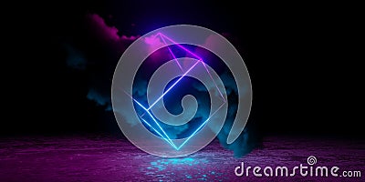 Abstract cyan blue and pink neon glowing wireframe cube with large smoke cloud and shiny floor Cartoon Illustration
