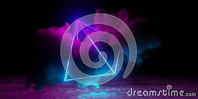Abstract cyan blue and pink neon glowing wireframe pyramid with large smoke cloud and rough shiny floor Cartoon Illustration