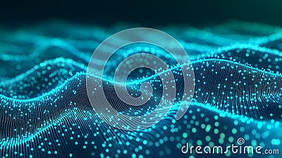Abstract Cyan Digital Landscape An Undulating Grid Structure with Interconnected Dots, and Lines. Stock Photo