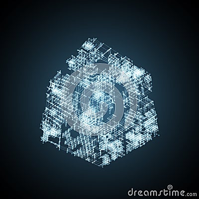 Abstract Cyber Cube Mesh with Glowing Vertices Vector Illustration