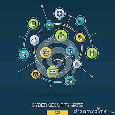 Abstract cyber security background. Digital connect system with integrated circles, flat thin line icons. Vector Vector Illustration