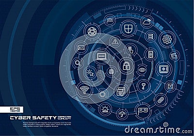 Abstract cyber security background. Digital connect system with integrated circles, glowing thin line icons. Vector Illustration