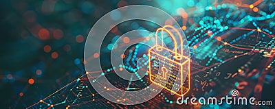 Abstract cyber security background with a glowing padlock, binary code, and interconnected lines Stock Photo