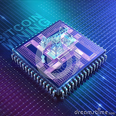 Abstract cyber space with asic chip and oil pumpjack. Blockchain Cryptocurrency Mining Concept. 3D Illustration render Stock Photo