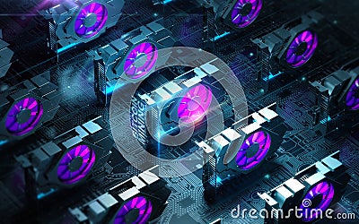 Abstract cyber space with multiple gpu videocards farm. Blockchain Cryptocurrency Mining Concept. 3D render Stock Photo