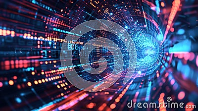 Abstract cyber technology background, data pattern and information lights of dark digital tunnel. Concept of secure tech, global Stock Photo