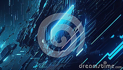 Abstract cyberspace building crashing down, Visualization digital technology background. Generative AI Illustration Stock Photo
