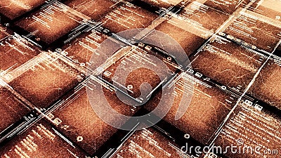 Abstract cyberspace texture with moving algorithm. Animation. Virtual background for futuristic orange interface of a Stock Photo