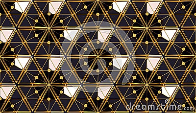 Abstract 3D background with fantasy luxury pattern structure of black triangular polygons, golden pucks, wires and lines Cartoon Illustration
