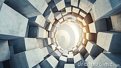Abstract 3D background of stacked cubes forming a digital tower, with a circular void . Stock Photo